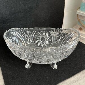 American Brilliant Cut Crystal Cut Glass Bowl Scallop Edging OVAL 4 Footed
